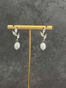Pendientes elegantes, exquisitos, lujosos y preciosos con hojas de perlas falsas y circonita cúbica para mujer, regalo para boda, uso diario, vacaciones, festival de música, aniversario, regalo de pareja, regalo para ella