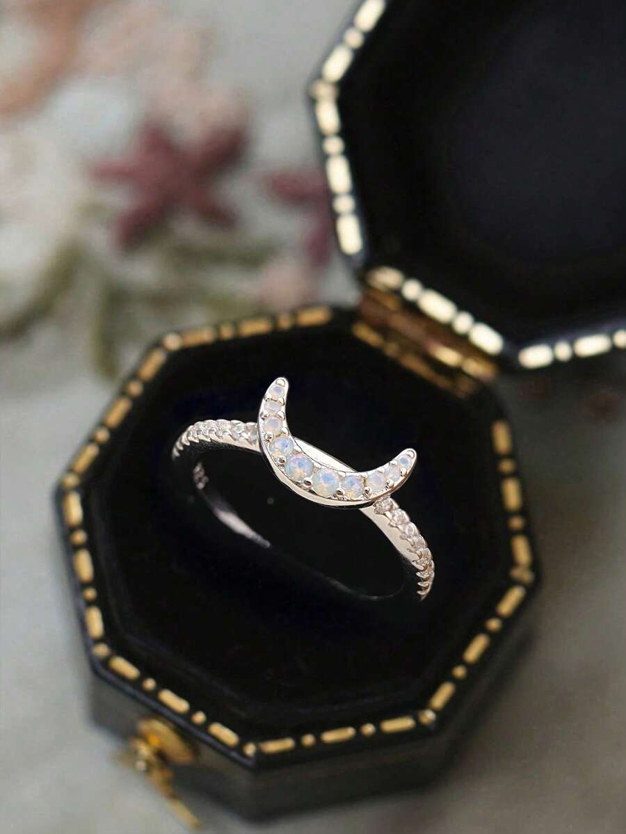 1 Set 925 Sterling Silver Luxury Sun & Moon Cubic Zirconia Stackable Rings, Women's, Perfect For Valentine's Day, Wedding, Birthday Party, Showcasing Exquisite Jewelry Style - Moon - View 1