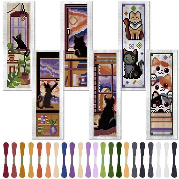 6pcs Animal Theme Cross Stitch Bookmarks DIY Art Set - Sewing Art Craft Kit With Cute Cat By Window Pattern - Includes 6 Printed Cross Stitch Fabrics, Sufficient Embroidery Threads, Tools And English Instructions - Suitable For Adult Beginners And Craft Lovers - Can Be Used As Planner, Book Markers, Home Decor