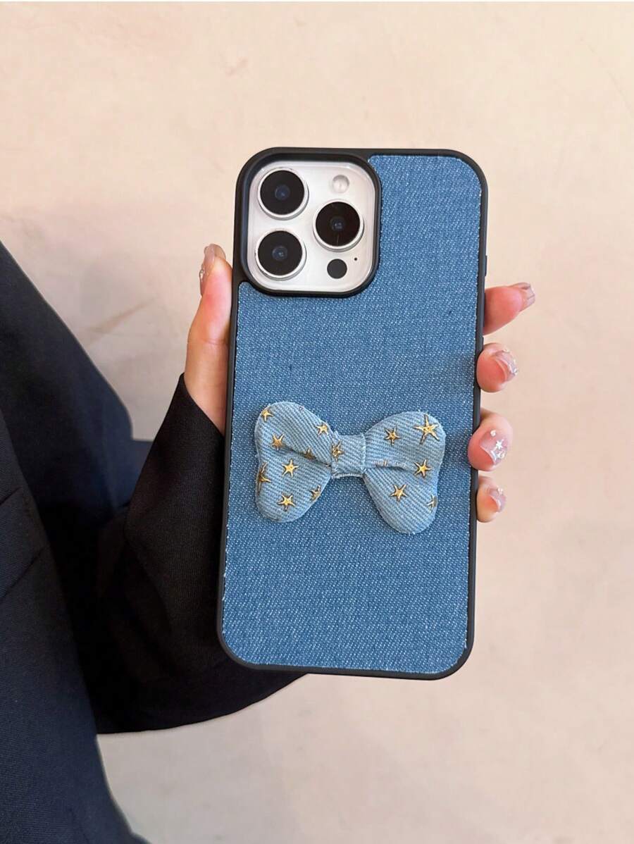 1 pieza Funda de teléfono pintada a mano con diseño de lazo de denim, compatible con iPhone XS/XS Max/XR/11/12/13/14/14 Plus/15/15 Plus/16 Pro/16 Pro Max, Galaxy S25 Ultra, OPPO, Redmi Note 14