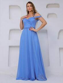 Long Off-The-Shoulder Party Dress With Sparkle For Bridesmaid, Wedding, Princess Graduation - 淺藍色 - 查看 1