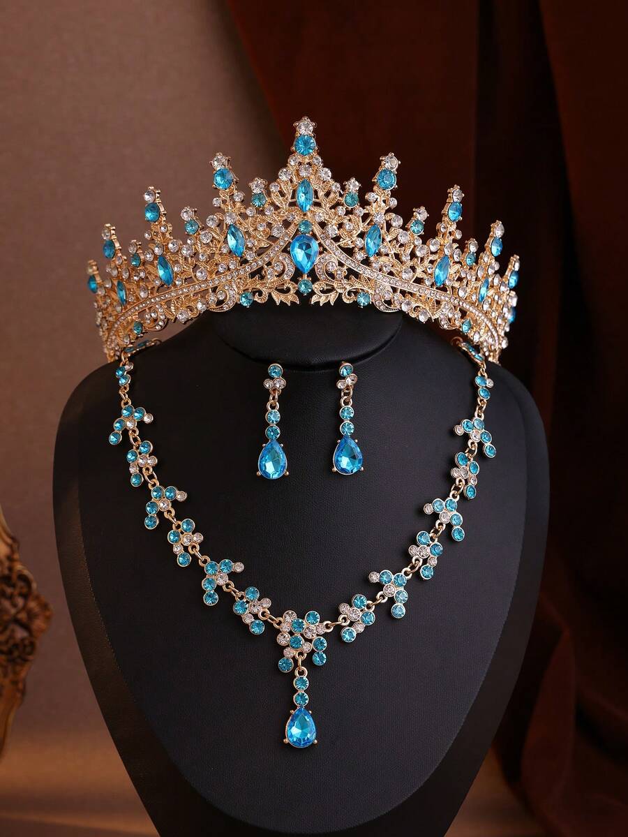 4pcs Elegant Baroque Waterdrop Rhinestone Crown Necklace And Earrings Set, Ideal For Weddings And Formal Occasions - 淺藍色 - 查看 1