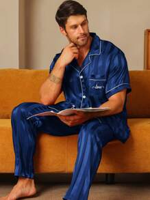 Men 2pcs/Set Short Sleeve And Long Pants Pajama Set, Striped Pattern With Love Embroidery, Casual Spring/Summer/Autumn Sleepwear