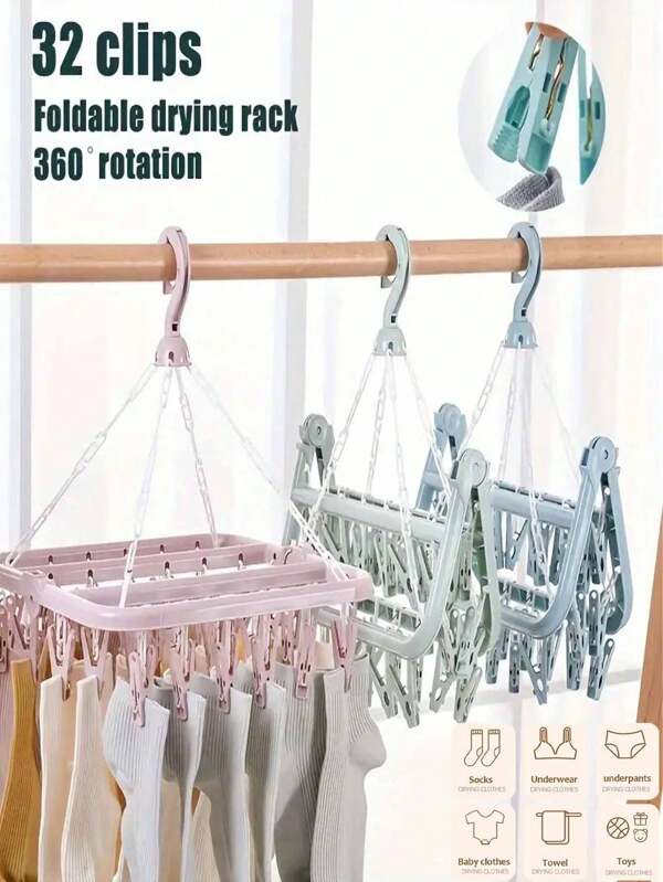 Cabide de plástico giratório com 32 presilhas, 1 peça, cabide dobrável para roupas, economizador de espaço, adequado para meias, roupas íntimas e peças pequenas, adequado para quarto, banheiro, guarda-roupa e armazenamento em dormitório, acessório para lavanderia
