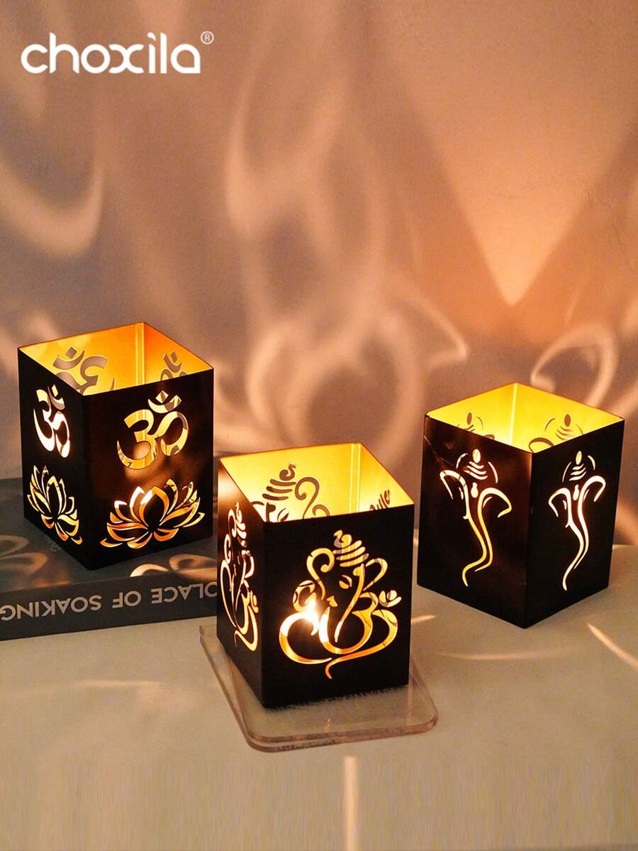 choxila 1pc Wrought Iron Candle Holder, Festive Decor Piece, Diwali Candle Stand, Projection Candle Holder, For Bedroom, Living Room, Holiday Parties, Festival Gift - Black - View 1
