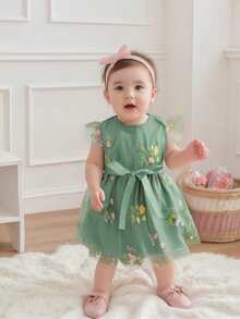 Girls Floral Embroidered Dress Toddler Fly Sleeve Princess Dress Birthday Wedding Pageant Party Dresses - Army Green - View 3