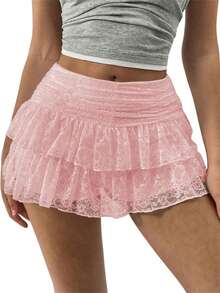 Women Cute Lace Mini Skirt Y2k High Waisted Flowy Layered Short Ruffle Skirt Going Out Ruched A-Line Skorts - 粉色 - 查看 4