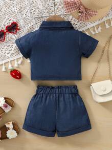 H HIBOBI 2 peças/Conjunto Top Utilitária Azul de Manga Curta & Shorts Peplum para Menina Jovem, Primavera/Verão