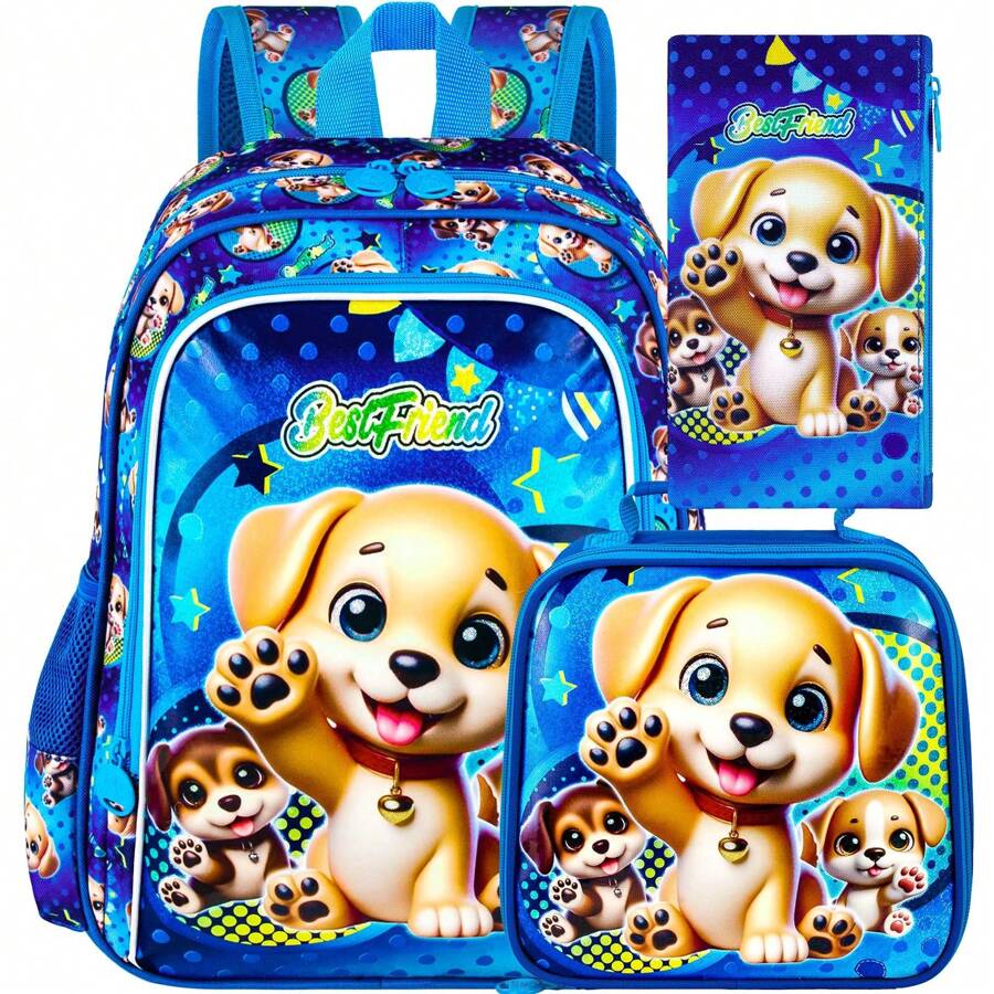 3PCS Girls Dog Bookbag, 16" Kids Backpackwith Lunch Box, School Bag For Elementary Prechool Toddler