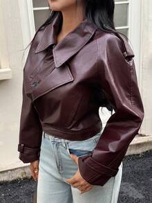 Áo khoác da ngắn tay kiểu dáng raglan thời trang thường ngày mới của Seelio dành cho nữ mùa Thu/Đông - Áo khoác da nữ phong cách mô tô - Xuân Hè - Màu Đỏ Sâu - Xem 2