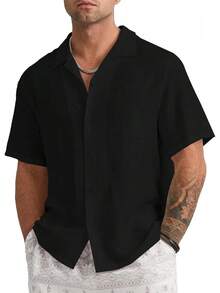 Mens Linen Button Down Shirts Short Sleeve Basic Cuban Regular Fit Wedding Summer Beach Tops - Màu be - Xem 2