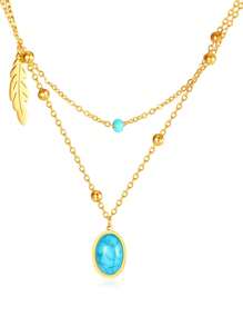 1 peça colar vintage turquesa oval com folha de aço inoxidável, camada dupla, acessório elegante e personalizado para mulheres