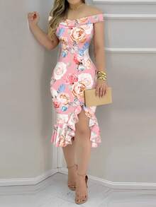 Floral Print Off Shoulder Ruffles Hem Bodycon Dress Sexy Slit Slim Fit Mid-Length Dress - Hồng - Xem 3