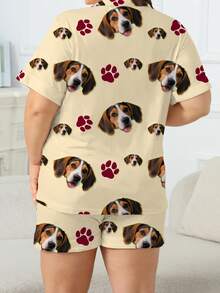 Conjunto de pijama de verano para mujer talla grande, short de manga corta con cuello polo, estampado personalizado de pata de mascota, ropa de estar en casa casual