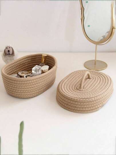Canasta de almacenamiento ovalada, estilo bohemio, caja de almacenamiento de escritorio tejida a mano, adecuada para el escritorio de la sala de estar, puede almacenar cosméticos, perfumes, gafas, gafas de sol, marcos de fotos, adecuada para el baño, decoración del hogar, adecuada para la decoración de la terraza con ambiente costero. Canasta de regalo para fiestas.