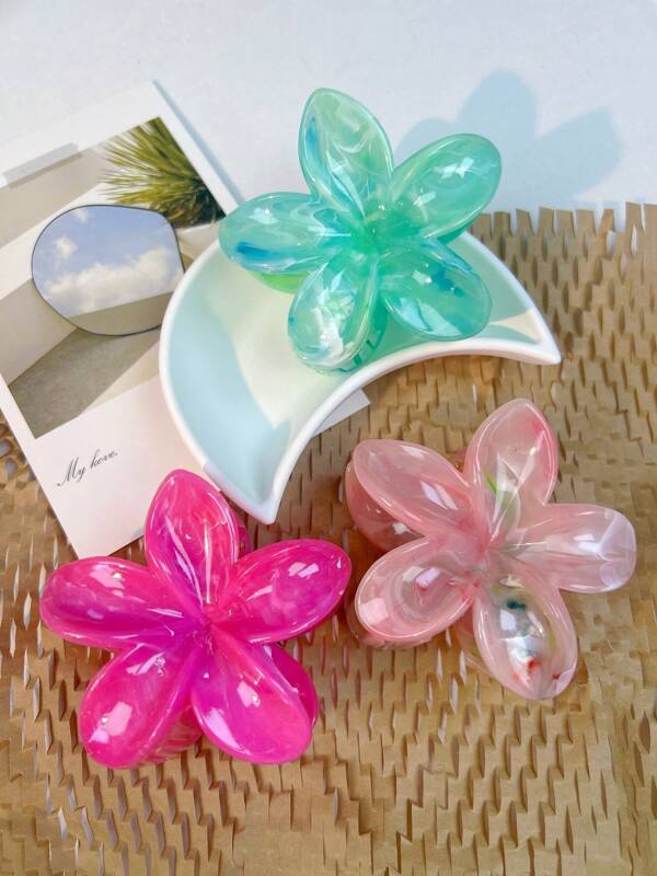3pcs Women's 7.6cm/2.99in Large Size Ombre Flower Clips In Green, Dusty Rose And Light Pink, Fashion Versatile Elegant Minimalist Hair Accessories Suitable For Daily, Casual, Party, Commuting, Beach Holiday, Hair Styling, Makeup, Outfit Matching