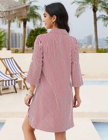 Women's Swimsuit Cover - Ups White Chiffon Bikini Swimwear Beach Dress Outfits Summer 6HQS - 粉紅色和白色條紋 - 查看 7