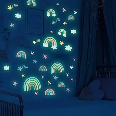 1 set de pegatinas luminosas en la oscuridad con diseño de nubes arcoíris y estrellas, pegatinas autoadhesivas impermeables y removibles para decoración de fondo en sala de estar y dormitorio, decoración de hogar
