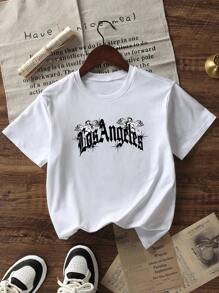 Tween Boy Casual White Round-Neck Short Sleeve T-Shirt With Letter Print, Summer