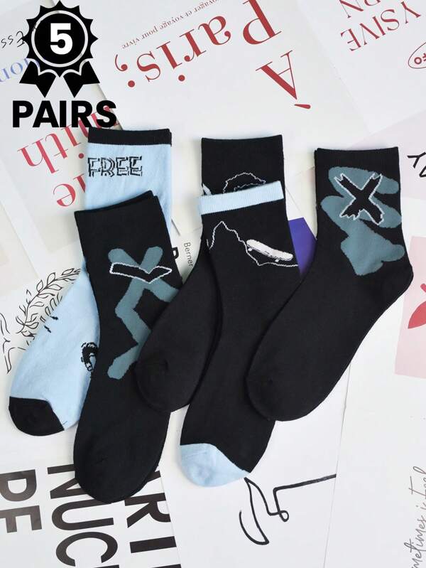 5 Pares de Meias Estampadas com Grafite da Moda Casuais para Mulheres, Adequadas para Uso Diário, Esportes, Estilo de Rua, Primavera/Outono