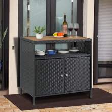 Mobiletto in vimini per esterni, mobile buffet impermeabile e resistente alle intemperie, tavolo da bar per patio con due ante e ripiani, credenza in vimini per cucina da giardino e piscina