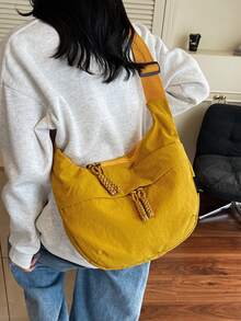 1 件纯黄色尼龙新月形可折叠手提包，多个口袋和拉链，学生休闲斜挎包，轻便方便，适合夏季，街头服饰