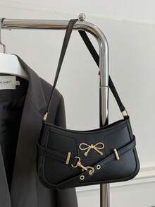 1pc Quilted Zipper Closure PU Solid Color Square Bag, Fashionable Handfeel Versatile Underarm Bag For Women, Personalized Strap Decor Bow Accent Minimalist Commuter Shoulder Bag, Large Capacity Vintage Vibe Suitable For Daily Use, Outing, Dating - Black - View 7