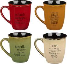 Set Of Four Rustic Stoneware Coffee/Tea Mugs W/Bible Verses Sage Green, Ivory, Paprika Red, Pumpkin Orange Inspirational Coffee/Tea Cup For Men And Women,6577380