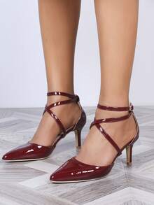 女士酒红色尖头高跟鞋，交叉带，镂空鞋，带扣，金色装饰，舒适百搭 - 酒紅色 - 查看 2