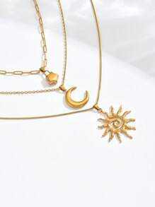Juego de 1 set de 3 piezas de collares con colgante de sol, luna y estrella chapado en oro de 18k de acero inoxidable, joyería minimalista y elegante para hombres y mujeres