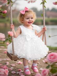 女婴无袖蝴蝶贴花薄纱蓬蓬裙，适合婚礼花童，不含头饰 - 白色 - 查看 4