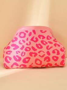 Leopard Print Clutch Bag, Contrast Color Knitted Wristlet, Spacious And Stylish Handbag