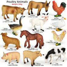 24 specie animali non ripetitivi, di dimensioni approssimative di 1-3 pollici, in materiale PVC solido, come leone, tigre, elefante, panda, giraffa, rinoceronte, ippopotamo, orso bruno, orso nero, zebra, gorilla, bufalo, bue giallo, mucca, asino, cavallo, maiale, cane, capra, pollo, anatra, oca, pecora e altri modelli di animali simulati, molto adatti per la decorazione domestica, giocattoli modello per l'insegnamento cognitivo dei bambini, regali per le feste
