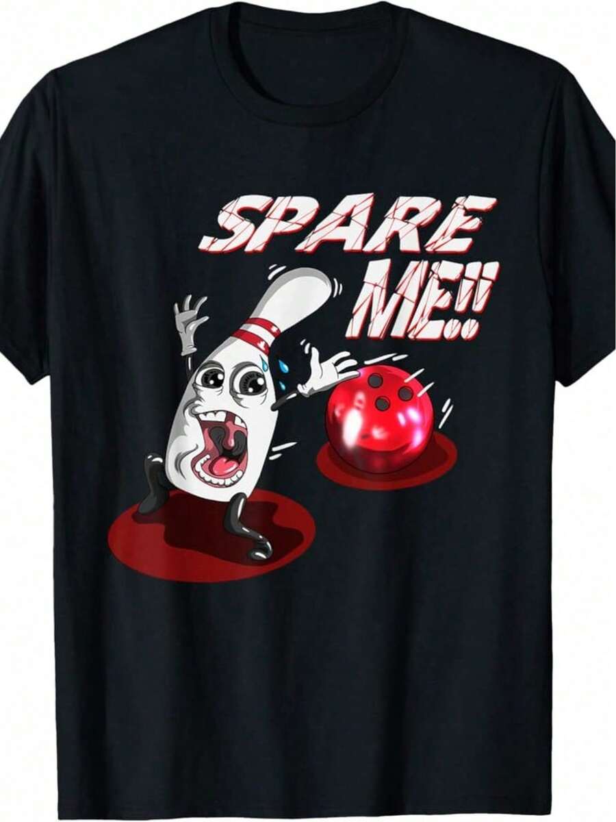 Retro para hombres "¡Salvame!" Camiseta gráfica de bolos - 100% algodón, manga corta, cuello redondo, lavable a máquina, ajuste casual para todas las estaciones, diseño de bolos negro con blanco y rojo - Negro - Ver 1