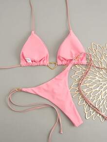 Áo bikini tam giác kiểu Âu Mỹ mới về, điểm nhấn là họa tiết kim loại hình trái tim, cổ yếm, màu trơn gợi cảm, thích hợp cho kỳ nghỉ hè trên bãi biển, màu hồng. - Hồng - Xem 4