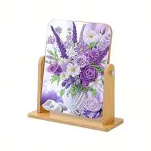 1 pieza Pintura de diamantes DIY Espejo floral - Marco redondo de madera con vibrante diseño floral morado y blanco, perfecto para decoración del hogar, fiestas y regalo para seres queridos, obra de arte artesanal única, artículo de regalo, diseño floral vibrante, artesanía detallada, decoración floral
