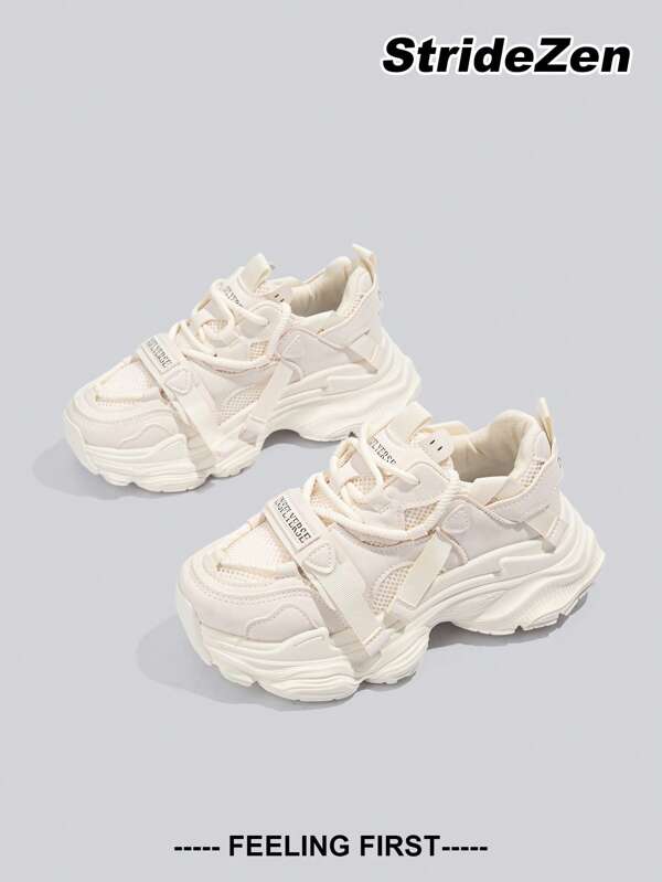 Women's White Chunky Sneakers 2025 Spring New Fashion Lightweight Thick Sole Versatile Mesh Breathable Casual Sports Shoes