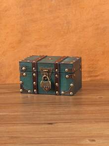 1 件大号复古绿色木制珠宝盒，欧式方形木盒储物盒道具带锁，工艺装饰