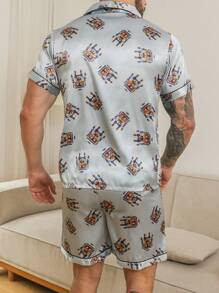 2pcs Men's Robot Print Pajama Set, Short Sleeve Shirt And Shorts, Silk-Like Fabric, Casual Sleepwear Set, Summer/Spring/Autumn