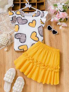 Set di 2 pezzi composto da maglietta con stampa leopardata a cuore + gonna plissettata con volant, stile principessa, adatto per occasioni estive come raduni familiari, fotografia e uscite, leggero e alla moda con un aspetto adorabile, primavera/estate