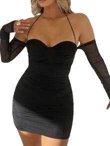 Womenacute;S Summer Halter Bodycon Dress, Solid Color Off Shoulder Low Cut Long Sleeve Ruched Mini Short Dress For Party - Black - View 2