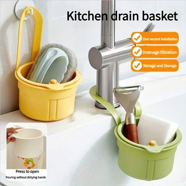 1-Pack Multi-Purpose Hanging Filter Sink Basket - Push Button Drain And Storage Design, Separate Filter, One-Second Installation, Durable Plastic Material, Kitchen And Bathroom Storage, Space Saving, Sturdy Construction, Suitable For Apartment Living