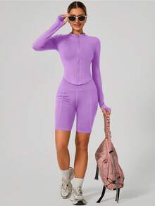 Women's Fashion Stand Up Collar Zipper Long Sleeve Yoga Jacket Tight And Soft Yoga Clothing Outdoor Fitness Sports Top Jacket Suitable For Fitness Exercise In Autumn - Violet Purple - View 5