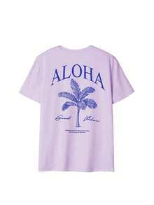 2026 Summer Shirts Women's New Palm Tree Slogan Print Casual Round Neck Short Sleeve T-Shirt, Fashionable Resort Style, Your Daily Essential Item. Gr - 紫色 2 - 查看 4