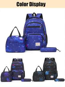 3 Pieces Set Of Dark Blue Starry Sky Print School Bag Backpack With Stationery Bag Lunch Bag, Large Capacity Waterproof Lightweight Backpack, Casual And Convenient Travel Backpack, Can Accommodate 15.6-Inch Laptop, Suitable For Elementary School Students, Junior High School Students, High School Students, College Students, Back To School Gifts For Grandchildren And Sons
