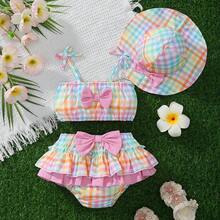 3 Peças Conjunto de Roupa para Bebê Menina: Regata com Estampa Floral de Morango Tecida com Decoração de Laço, Vestido com Babados em Camadas de Cintura Elástica e Chapéu, Uso Diário de Verão - Multicolorido - Visão 3