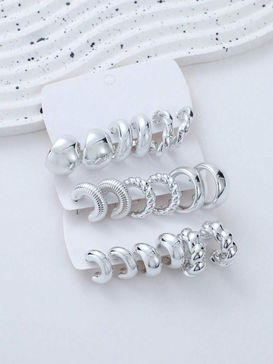 Bộ 3/9 đôi hoa tai hình giọt nước cổ điển đa năng phóng đại hình học, kết cấu dây xoắn hình chữ C, thích hợp cho hàng ngày, tiệc tùng, quà tặng - Bạc - Xem 1