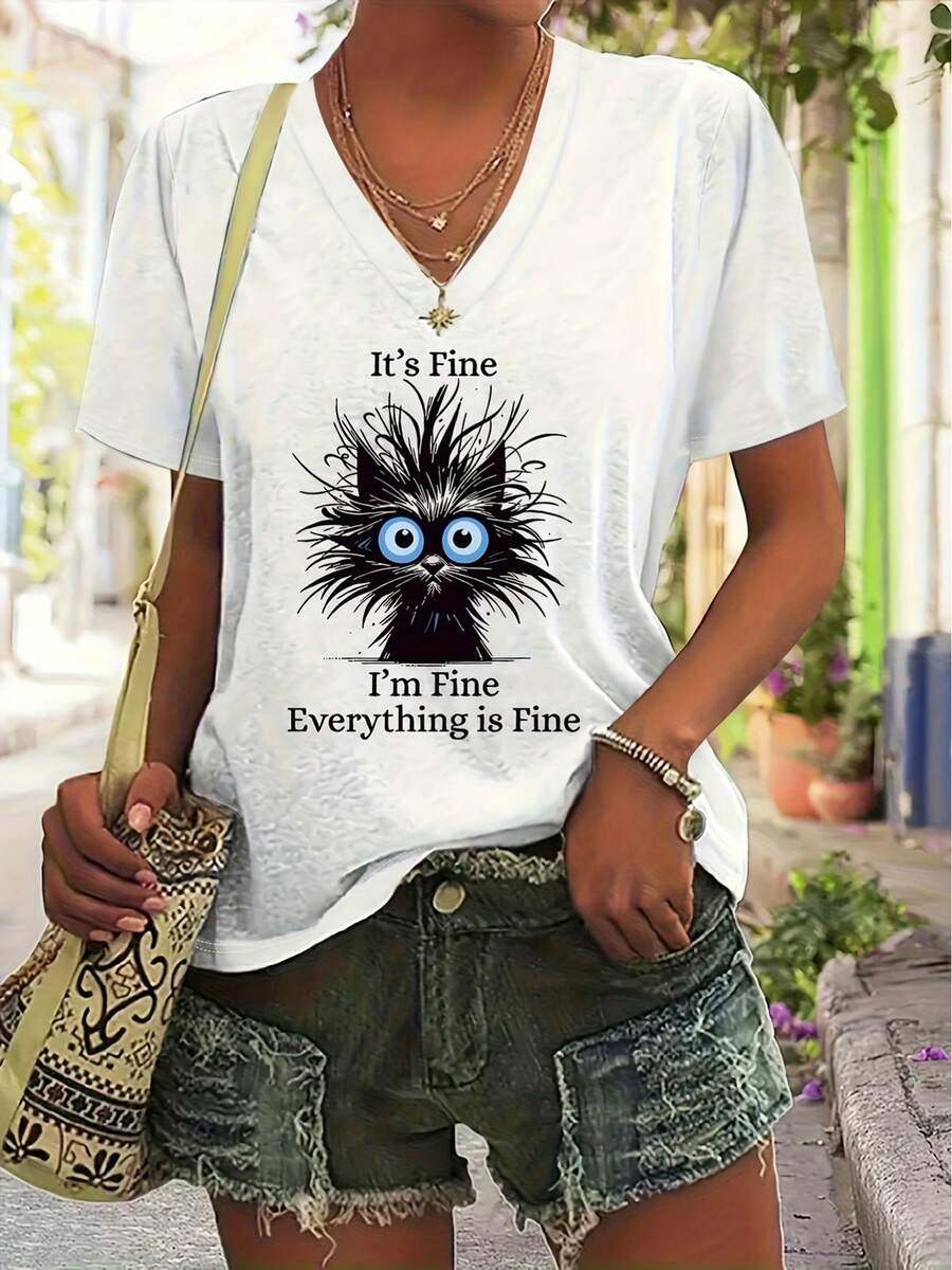 Women's V-Neck Short Sleeve T-Shirt Quirky Cat Adorable Puffy Cat Theme! "Everything Is Fine" Fun Graphics, The Best Choice For Holiday Gifts - 白色 - 查看 1