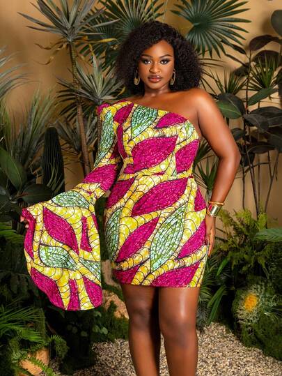 Faeriesty 大码不对称单肩喇叭袖修身连衣裙：适合度假、海滩、郊游、城市约会、购物、休闲聚会