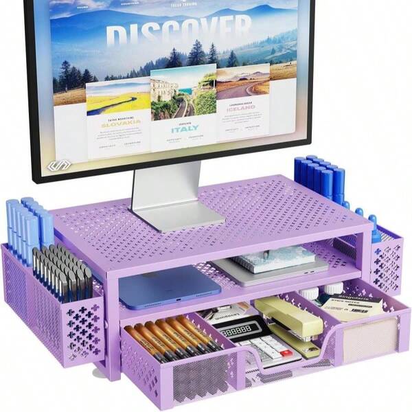 Simple Trending 2 Tier Metal Monitor Stand Monitor Riser And Computer Desk Organizer With Drawer And Pen Holder For Laptop, Computer, IMac, Purple